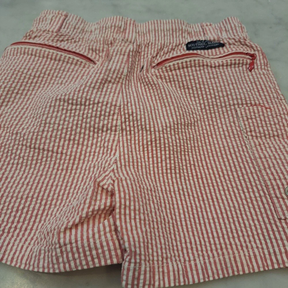 Southern Marsh Swim Trunks Youth Small Red Seersucker Stripe Board Shorts Preppy